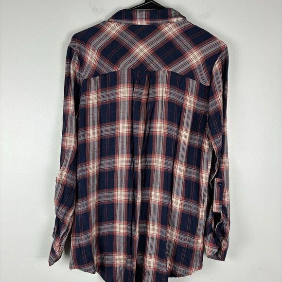 Plaid Top Womens Large Shirt Button Up Roll Tab Light Blue Red Western Boho - Picture 4 of 7